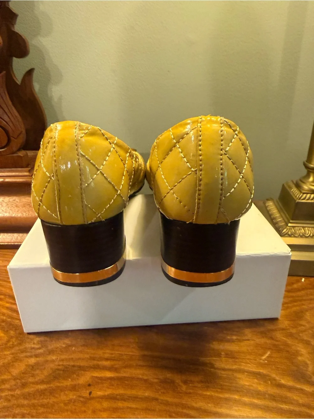 Tory Burch Quilted Patent Leather Block Heel Pumps in Mustard Yellow Size 6.5